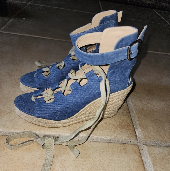 New Castaner Leather lace up Denim look platform Wedge Espadrille Sandals - Picture 4 of 11